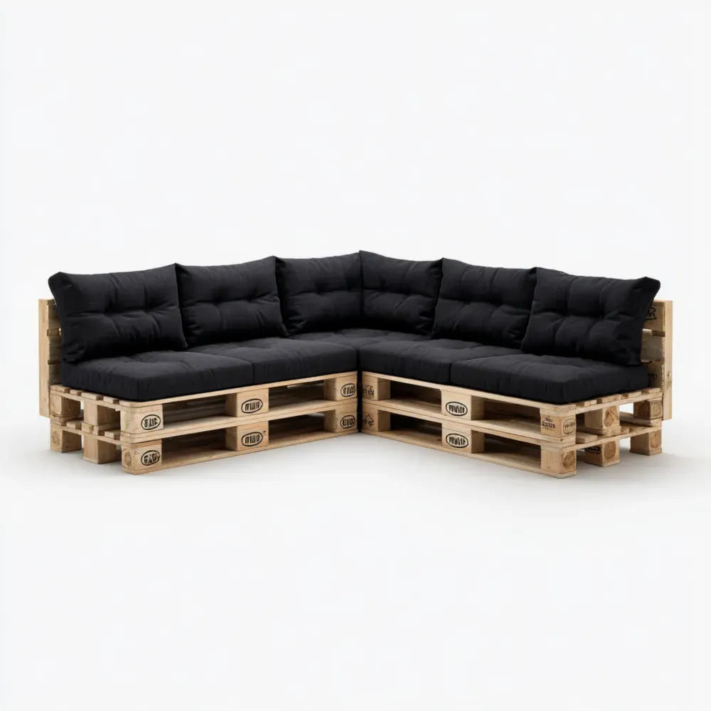 Corner Pallet Sofa Set Wood 200x260x80 cm – Black Cushions – Rustic Design