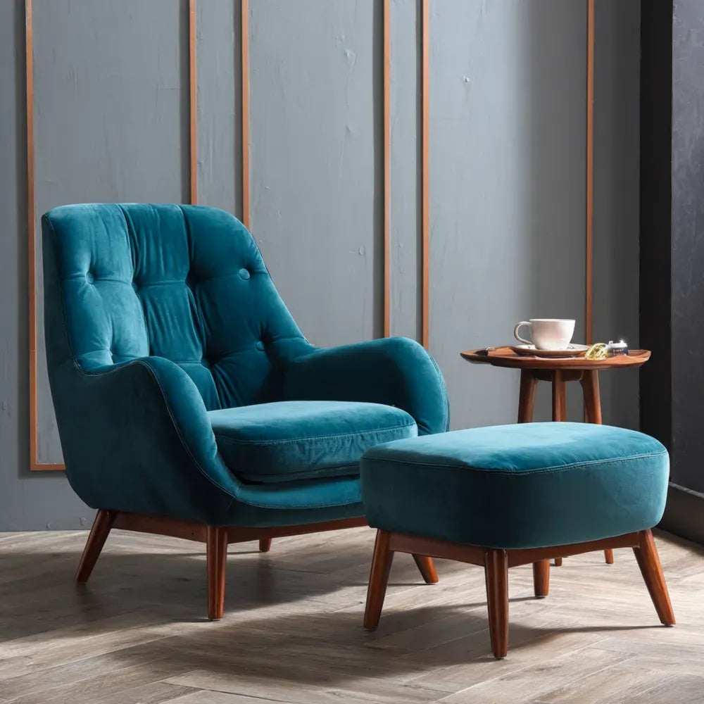 Lounge Chair with Ottoman Velvet Upholstery 75x85x100 cm - Teal - Mid-Century Modern